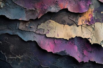 Layers of aged and cracked paint peeling to expose colorful contrasts and rough textures