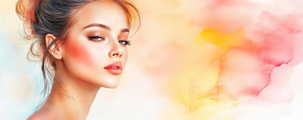 Aufkleber - Neutral watercolor concept. Elegant portrait of a woman with soft pastel background, showcasing beauty and style.