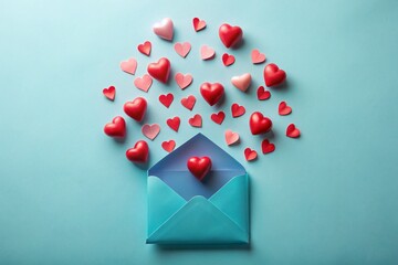 Wall Mural - Blue Envelope, Heart Decorations, Love, Affection, Valentine's Day Stock Photo