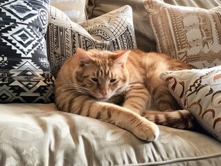 Naklejka na meble Orange cat laying on couch with pillows.