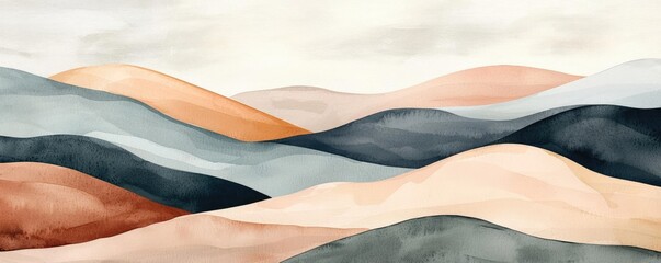 Aufkleber - Neutral watercolor concept. Abstract landscape with soft hills in muted tones of orange, blue, and cream hues.