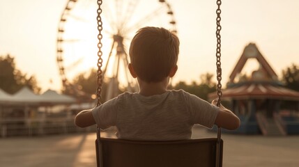 Wall Mural - Boy on swing facing Ferris wheel at sunset amusement park.