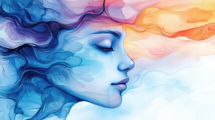 Wall Mural - Playful watercolor concept. A watercolor illustration of a serene face with flowing colors representing emotions.