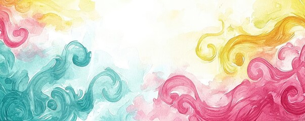 Poster - Playful watercolor concept. Colorful abstract background with swirls in pink, yellow, and turquoise tones.
