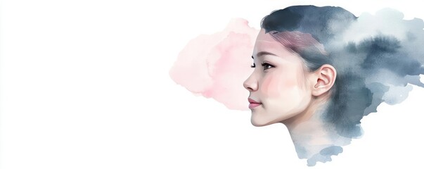 Poster - Minimalist watercolor idea. A serene profile of a woman surrounded by soft watercolor clouds.