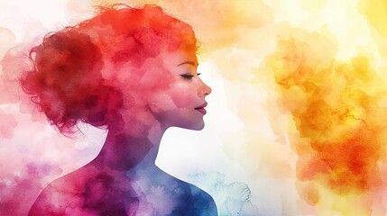 Poster - Minimalist watercolor idea. Colorful silhouette of a woman representing creativity and emotional depth.