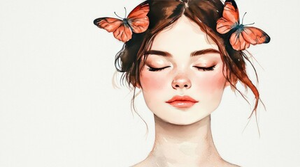 Poster - Minimalist watercolor idea. A serene woman with butterflies in her hair, embodying beauty and tranquility.