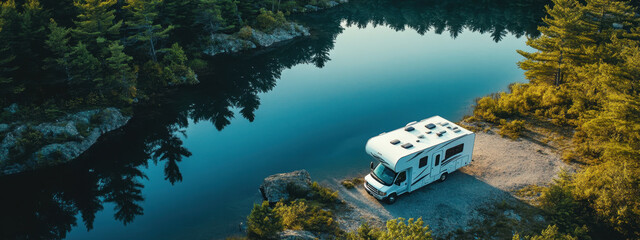 Wall Mural - A serene campervan parked by a tranquil lake surrounded by lush greenery, reflecting the calm water and peaceful nature setting under a clear blue sky.