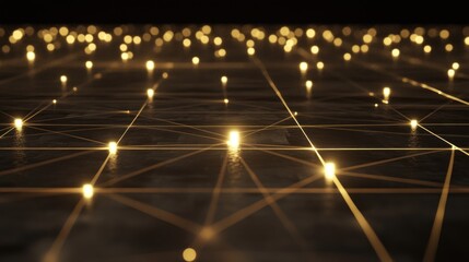 Wall Mural - Abstract network of golden lights on dark surface.