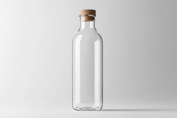 A mockup of a transparent glass water bottle with a cork lid, featuring a minimalist label design.