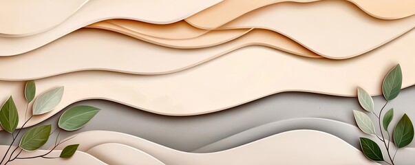 Aufkleber - Neutral watercolor concept. Abstract wavy texture with soft colors and green leaves for modern design projects.