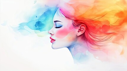 Poster - Playful watercolor concept. A vibrant watercolor portrait depicting calm and serenity in a woman's profile.