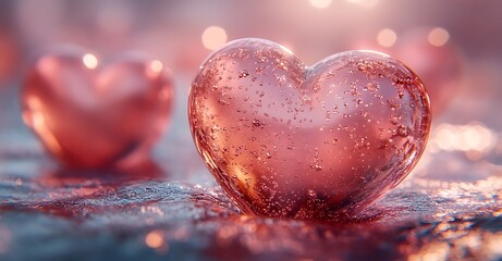 Wall Mural - Romantic Pink Glass Heart Bubbles Abstract Background Design Red Love Soft Shiny Water Drops Light  