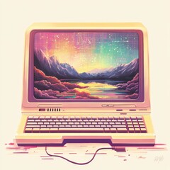 Poster - Retro Computer Displaying A Scenic Mountain Landscape
