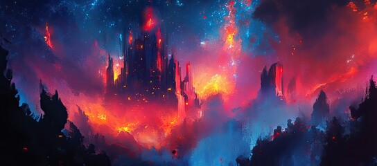 Wall Mural - Concept art of the night sky over an alien city with tall buildings 