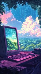 Fototapete - Retro Computer by a Scenic Summer View
