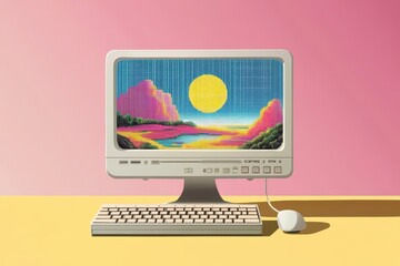 Fototapete - Retro Computer Displaying Pixelated Landscape