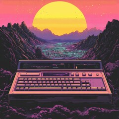 Fototapete - Retro Computer Synth Overlooking Futuristic Cityscape
