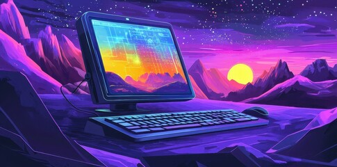 Fototapete - Retro Computer Desktop in a Vibrant Alien Landscape