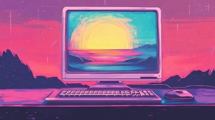 Fototapete - Retro Computer Displays Vibrant Sunset Landscape