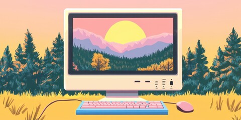 Fototapete - Retro Computer Displays Scenic Sunset Mountain View