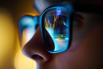 Fototapete - person is looking at a computer screen with a blurry reflection of the screen in their glasses. The reflection shows a series of numbers and lines