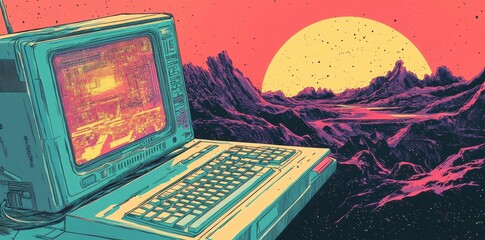 Fototapete - Retro Computer in an Alien Landscape
