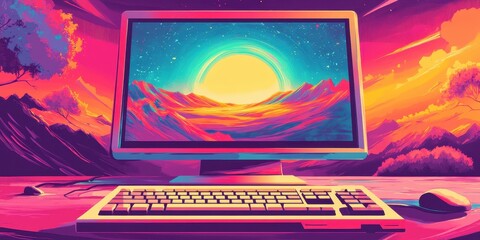 Fototapete - Retro Computer Displays Vibrant  Landscape Scene