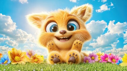 Poster - Adorable cartoon fox sitting in a meadow with flowers under a bright sky.