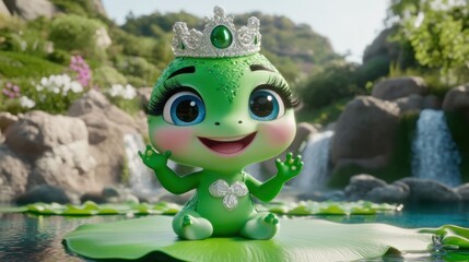 Poster - Adorable cartoon frog princess sits on a lily pad in a lush garden setting with waterfalls and flowers.