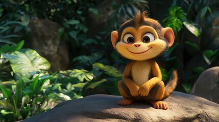 Poster - Adorable cartoon monkey sits on a rock amidst lush jungle foliage.