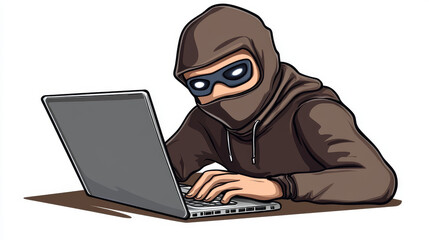 Poster - Hacker in mask typing on laptop outline icon. Internet security and protection, online fraud, data theft and web crime and information safety thin line vector symbol, minimalistic pictogram