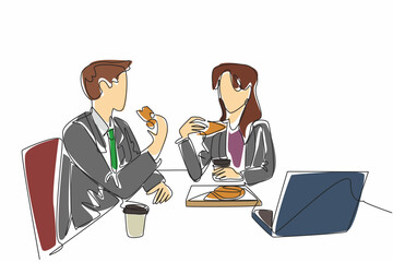 Poster - Single one line drawing businessman and businesswoman are eating pizza at the office table. Ordering food. Discussing work. National Make Lunch Count Day. Continuous line design graphic illustration