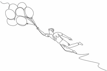 Wall Mural - Continuous one line drawing businessman hold many balloons and flying in the wind. Strong winds ruin room decoration plans. Extreme. National Big Wind Day. Single line draw design vector illustration