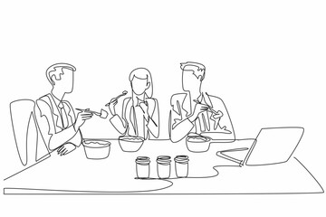 Poster - Single continuous line drawing businessman and businesswoman sitting together eating salad at the office table. Snacking together. National Make Lunch Count Day. One line design vector illustration