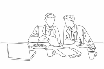 Sticker - Continuous one line drawing two businessmen eating salad at the office table. Reviewing meeting results over lunch. Sharing. National Make Lunch Count Day. Single line draw design vector illustration