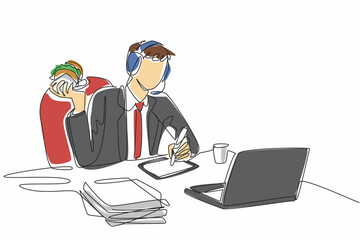 Poster - single one line drawing businessman wearing headphones with mic. technical support serves consumers 