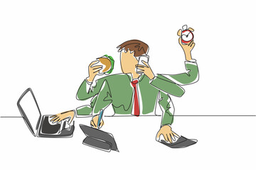 Poster - Single continuous line drawing businessman with 6 hands. Each hand with its own busyness. Multitasking in the morning to save time. Productivity. Deskfast Day. One line design vector illustration