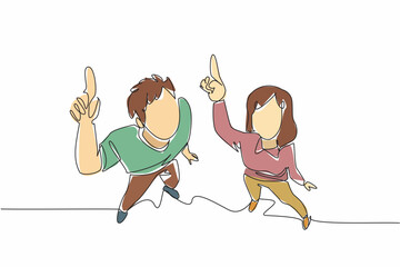 Poster - Single one line drawing top view, a man and a woman standing close together with their heads tilted upwards. Shooting star. Amaze. Look Up at The Sky Day. Continuous line design graphic illustration