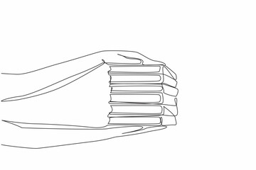 Poster - Single continuous line drawing 2 hands holding 6 stacks of books on top and bottom. Giving very politely. Sharing interesting readings. National Donate a Book Day. One line design vector illustration