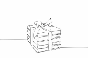 Poster - Single one line drawing 5 stacks of books tied with ribbon. Attractively packaged. Providing the best books. Increase knowledge. National Donate a Book Day. Continuous line design graphic illustration