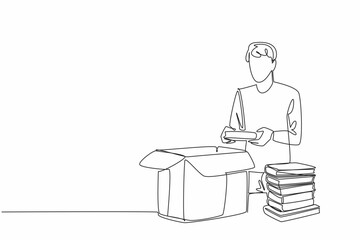 Poster - single one line drawing a man puts a stack of books into a cardboard box. sorting. giving the best. 
