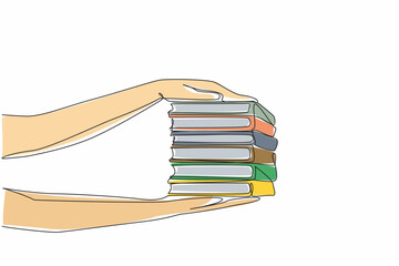 Poster - Single continuous line drawing 2 hands holding 6 stacks of books on top and bottom. Giving very politely. Sharing interesting readings. National Donate a Book Day. One line design vector illustration