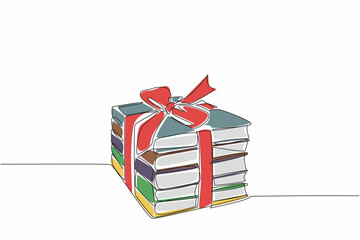 Poster - Single one line drawing 5 stacks of books tied with ribbon. Attractively packaged. Providing the best books. Increase knowledge. National Donate a Book Day. Continuous line design graphic illustration