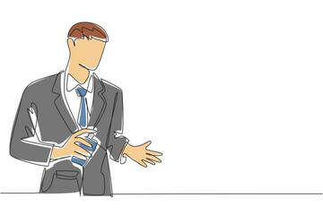 Poster - single continuous line drawing a businessman sprays perfume on the palm of his hand. a masculine sce