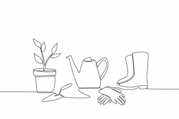 Wall Mural - Single continuous line drawing pots containing plants, watering cans, shovels, boots and rubber gloves. Tools needed for a gardener. Green. National Gardening Day. One line design vector illustration