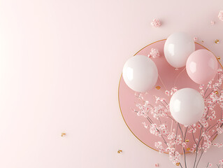 Wall Mural - Celebration of joyful moments with balloons and cherry blossoms pink background artistic composition festive atmosphere close-up view