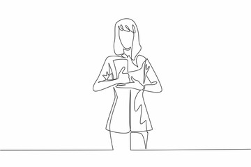 Poster - Continuous one line drawing a woman in casual clothes makes a hand gesture. A help gesture in sign language. Code. National American Sign Language Day. Single line draw design vector illustration