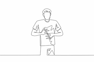 Poster - Single one line drawing a man in casual clothes making a hand gesture. Word translator on television news shows. Code. National American Sign Language Day. Continuous line design graphic illustration