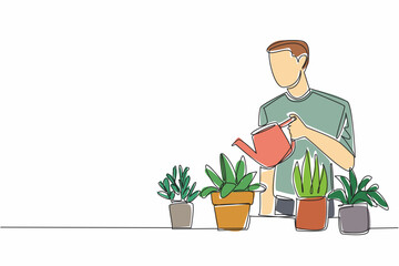 Poster - continuous one line drawing a man watering potted plants using a watering can. a very good hobby for